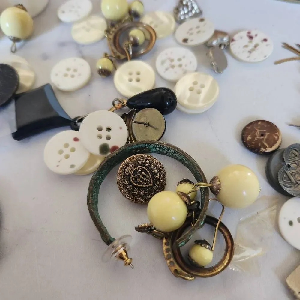 Vintage lot bundle buttons metal tin canister sewing single orphan earrings craf